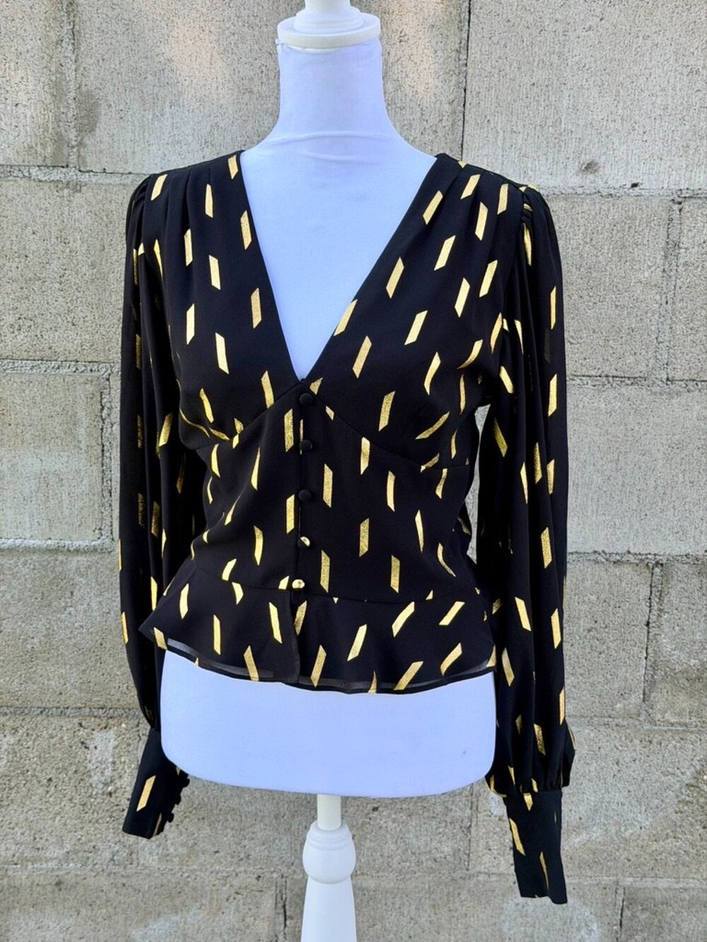 Yumi Kim Jodi Top | Dash Foil Black & Gold | Size XS | Metallic Peplum
